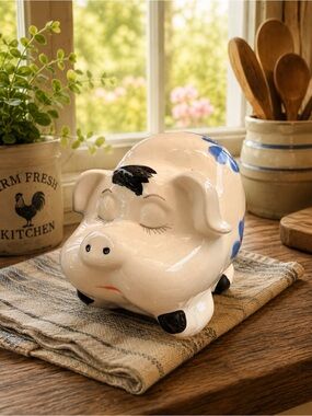 Vintage Blue Floral Piggy Bank